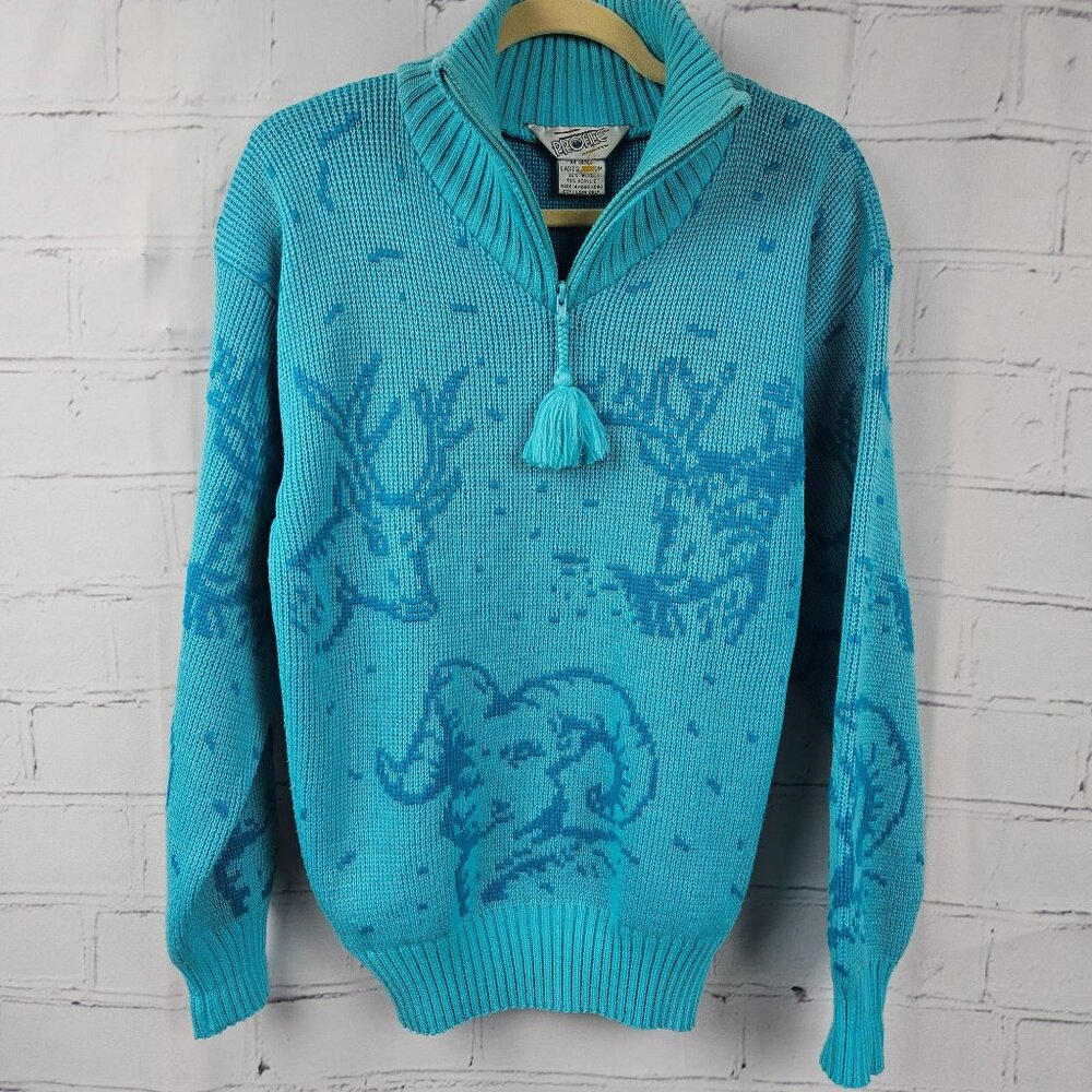 Vintage Wool Blend Womens M 1/4 Zip Sweater Collar Tassel Blue Animals Winter